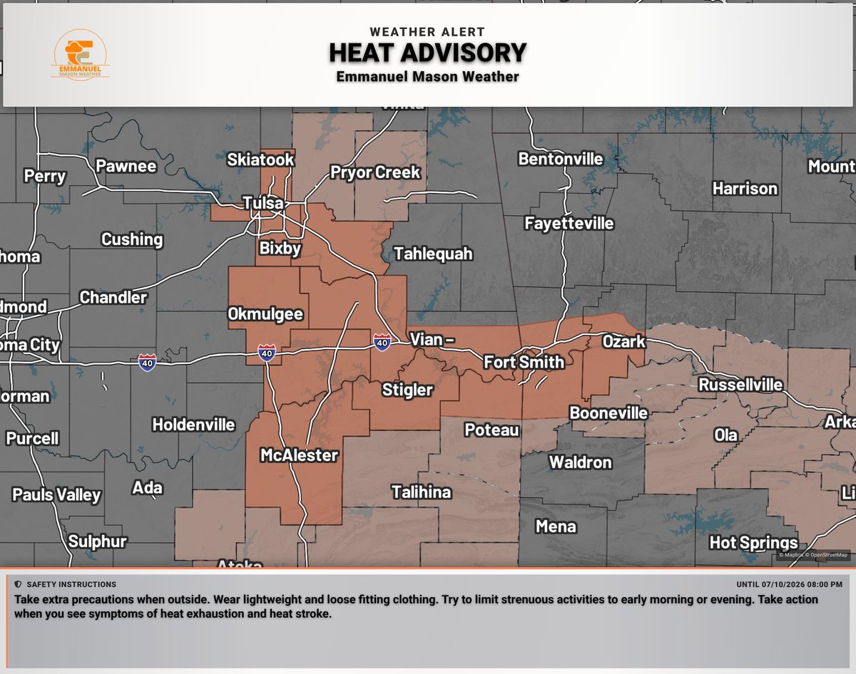 EmmanuelMwx's tweet photo. Continued Event - Heat Advisory for North and Central Sebastian, Southern Crawford, Central and Southern Franklin +9 more. Expires at 07/10/2026 08:00 PM. https://t.co/Jm0vMCZmjm