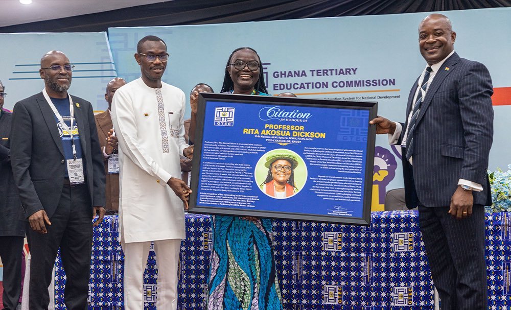 Noticeboardgh's tweet photo. Prof. (Mrs.) Rita Akosua Dickson has received the maiden GTEC Meritorious Award for her exceptional leadership and impact on higher education. As KNUST's first and only female VC, she leaves office in 21 days after a remarkable tenure. 🏆👏
#KNUST #GTEC #HigherEducation https://t.co/Mrx5kCkVts