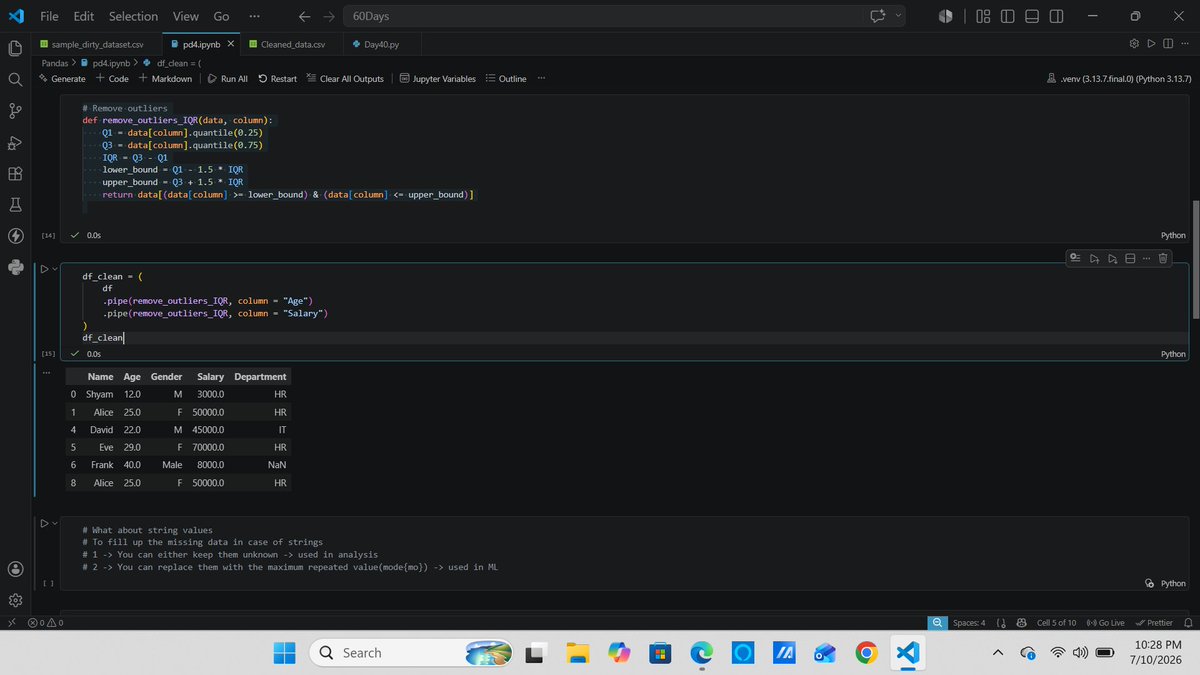 saileshgrg19's tweet photo. #LSPPDay40
Learned advanced data cleaning in Pandas by removing outliers, handling missing values, removing duplicates, standardizing data, and exporting the cleaned dataset to a CSV file.
@lftechnology 
#LearningWithLeapfrog
#60DaysOfLearning2026
Github:https://t.co/v27xFEsEHQ https://t.co/iTfSxppOxL