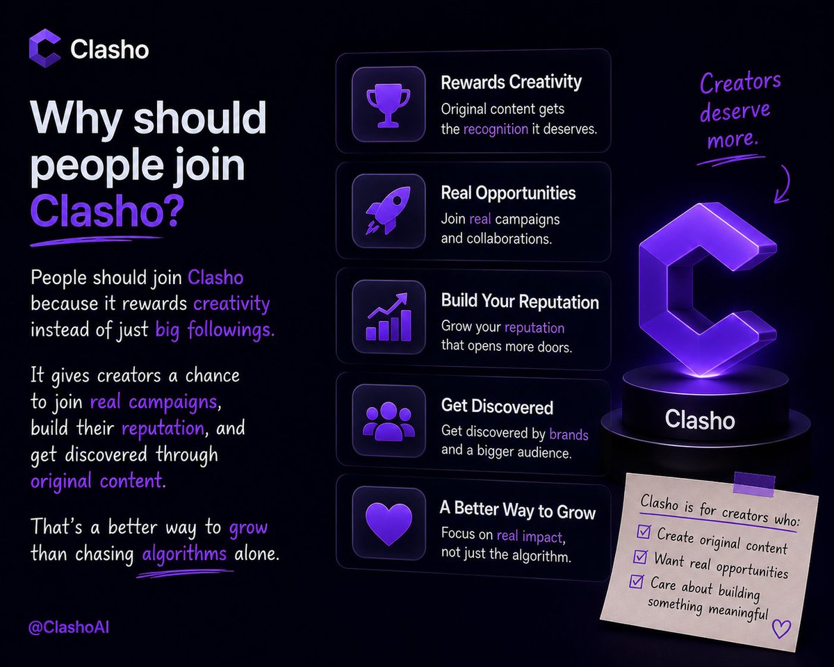 NeverTamerg's tweet photo. People should join @ClashoAI because it rewards creativity instead of just big followings
It gives creators a chance to join real campaigns
build their reputation and get discovered through original content
That's a better way to grow than chasing algorithms alone https://t.co/ltH8eEZu2z