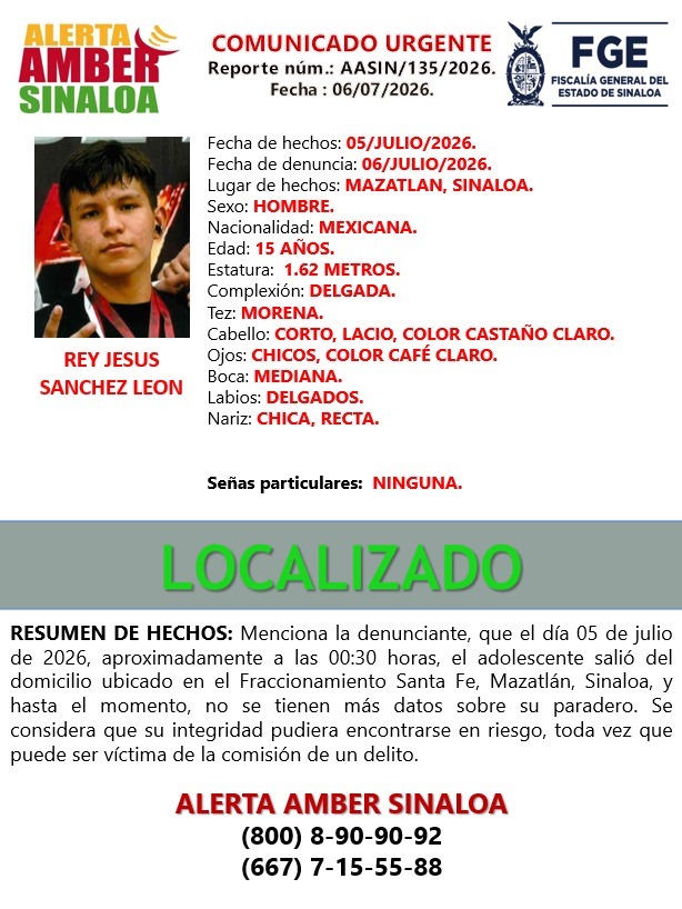FiscaliaSinaloa's tweet photo. 🔔🔍🚨 #FiscalíaSinaloa agradece la colaboración ciudadana, Rey Jesús Sanchez Leon, ya fue localizado. https://t.co/qE3g6Tp0Bv