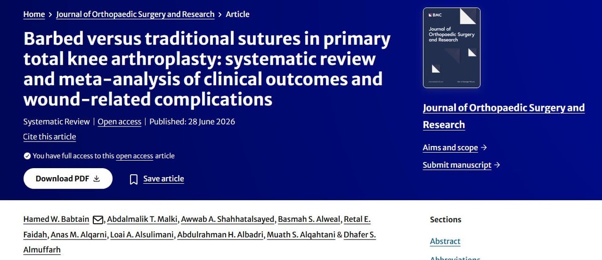 Hamedwajdi's tweet photo. Proud to share our recent publication in the Journal of Orthopaedic Surgery and Research (Q1, IF: 3.8)

بحمد الله، يسعدني مشاركة هذا الإنجاز، والشكر لد. ظافر آل مفرح ود. معاذ القحطاني على إشرافهما، ولوحدة الأبحاث بكلية الطب على دعمها. 

🔗: https://t.co/wzk6dcqslT https://t.co/IWj5Nu6JAf