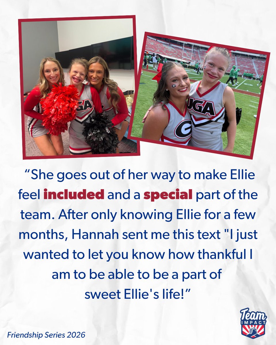 GoTeamIMPACT's tweet photo. The IMPACT goes both ways for Ellie and Hannah ❤️

Ellie's family shares that through her match with Hannah and @UGAcheerleading, it is truly a gift to watch the impact on both Ellie and on Hannah!

📝: https://t.co/CBTn4x0hEH

#AllInAllTogether https://t.co/jyN3uusxEb
