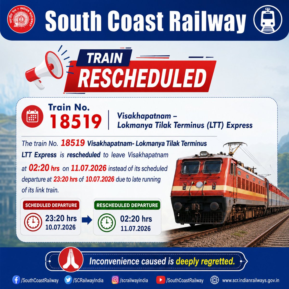 SCoRAILWAYVSKP's tweet photo. Important notification
#Reschedule
@RailMinIndia
@DRMVSKPSCoR
@drmvijayawada
@SCRailwayIndia
@Central_Railway https://t.co/K0s5TI3acY