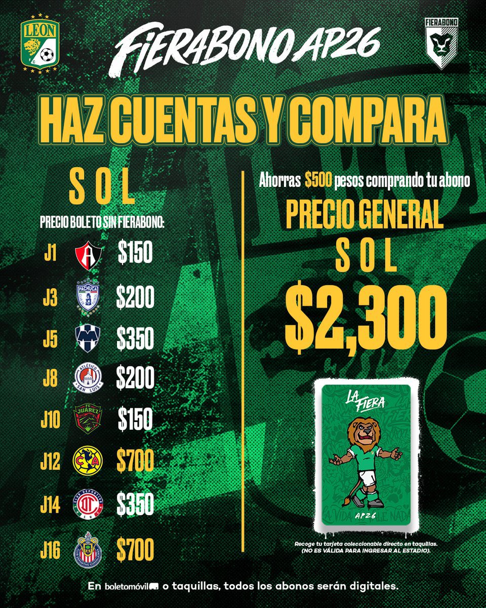 clubleonfc's tweet photo. ¡𝗡𝗢 𝗟𝗢 𝗣𝗜𝗘𝗡𝗦𝗘𝗦 𝗠𝗔́𝗦ⵑ 😎

EL FIERABONO 🦁 ESTÁ QUE ARDE 🌞... Checa los precios y compara. 

Disponible en Taquillas del Estadio, de 10 AM a 7 PM, o las 24 horas a través de @boletomovil 📲 https://t.co/QDOe0RNVnG https://t.co/ly6gDYUvqX