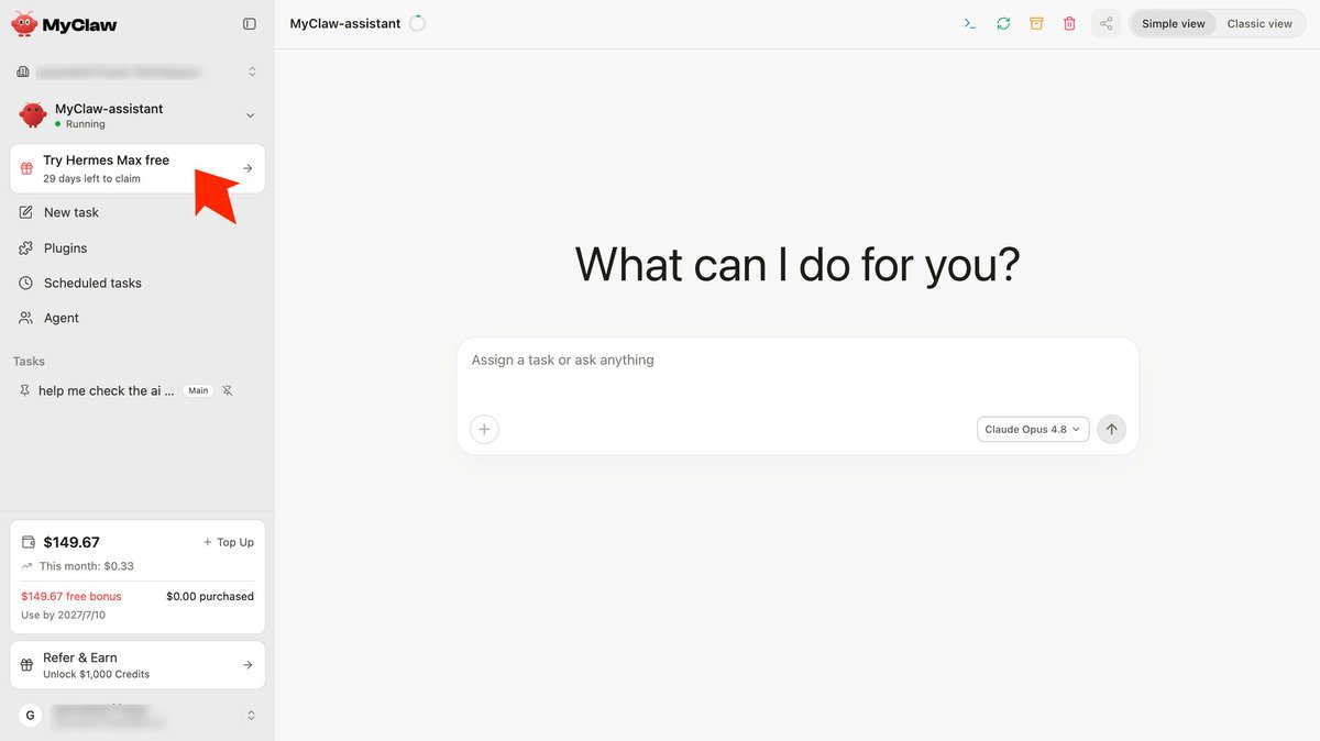 heysamiraa's tweet photo. 🚀 Big update for AI workflows: MyClaw now supports Hermes hosting.

👉 → https://t.co/Xhhq372tdB

They already handled managed OpenClaw effortlessly. Now you can spin up your own Hermes instances directly on the platform — and Claude and Codex are coming next.

The ultimate goal here is execution: assign an objective to your agent and receive completed work back — whether that is detailed reports, research, active monitoring, or updates sent straight to your channels.

🎁 Launch offer: Subscribe to OpenClaw or Hermes → unlock the other's Max plan free for 30 days. Commit to Annual Pro+ → score $100–$200 in AI credits.