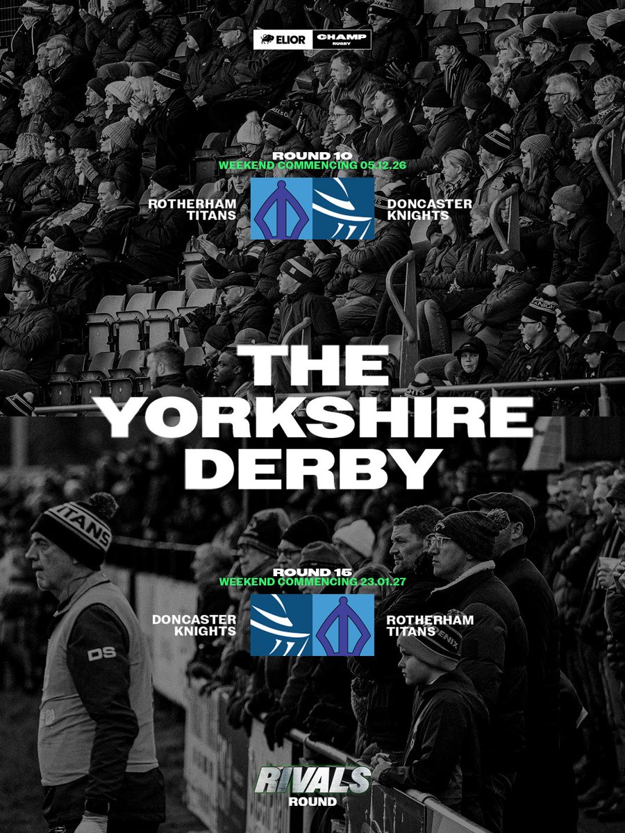 Champrugby's tweet photo. The Yorkshire Derby is back 😤

Doncaster Knights and Rotherham Titans renew their rivalry in the #RivalsRound.

Who takes the bragging rights this season? 👀 https://t.co/Jfd0QuxSmm