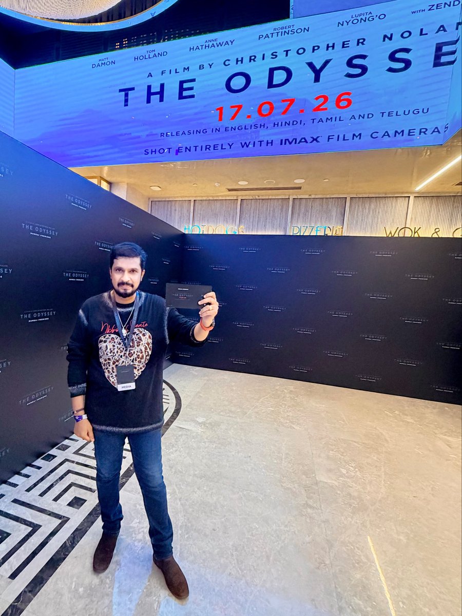 DIVYASOLGAMA's tweet photo. Watched the World Premiere Special Screening of #TheOdyssey in the presence of #ChristopherNolan, #MattDamon &amp; #TomHolland. And the icing on the cake - official IMAX The Odyssey merchandise! 🔥

A dream evening for every cinema lover. ❤️🍿

RJ #DivyaSolgama https://t.co/nGWUIk0nA6