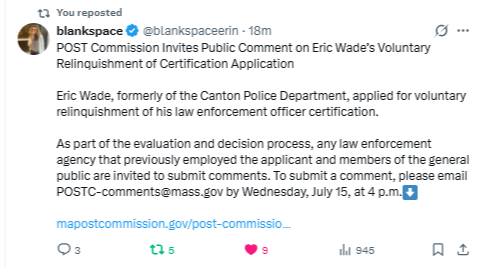 GrantSmithEllis's tweet photo. Wait a minute, a cop (Eric Wade) who used to work in Canton --and who had to leave the department due to allegations of being a predator-- was working overtime details with no approval from the selectboard in the town, and now Wade is forfeiting his POST certification?

Okay. https://t.co/nFRzWhlxnc