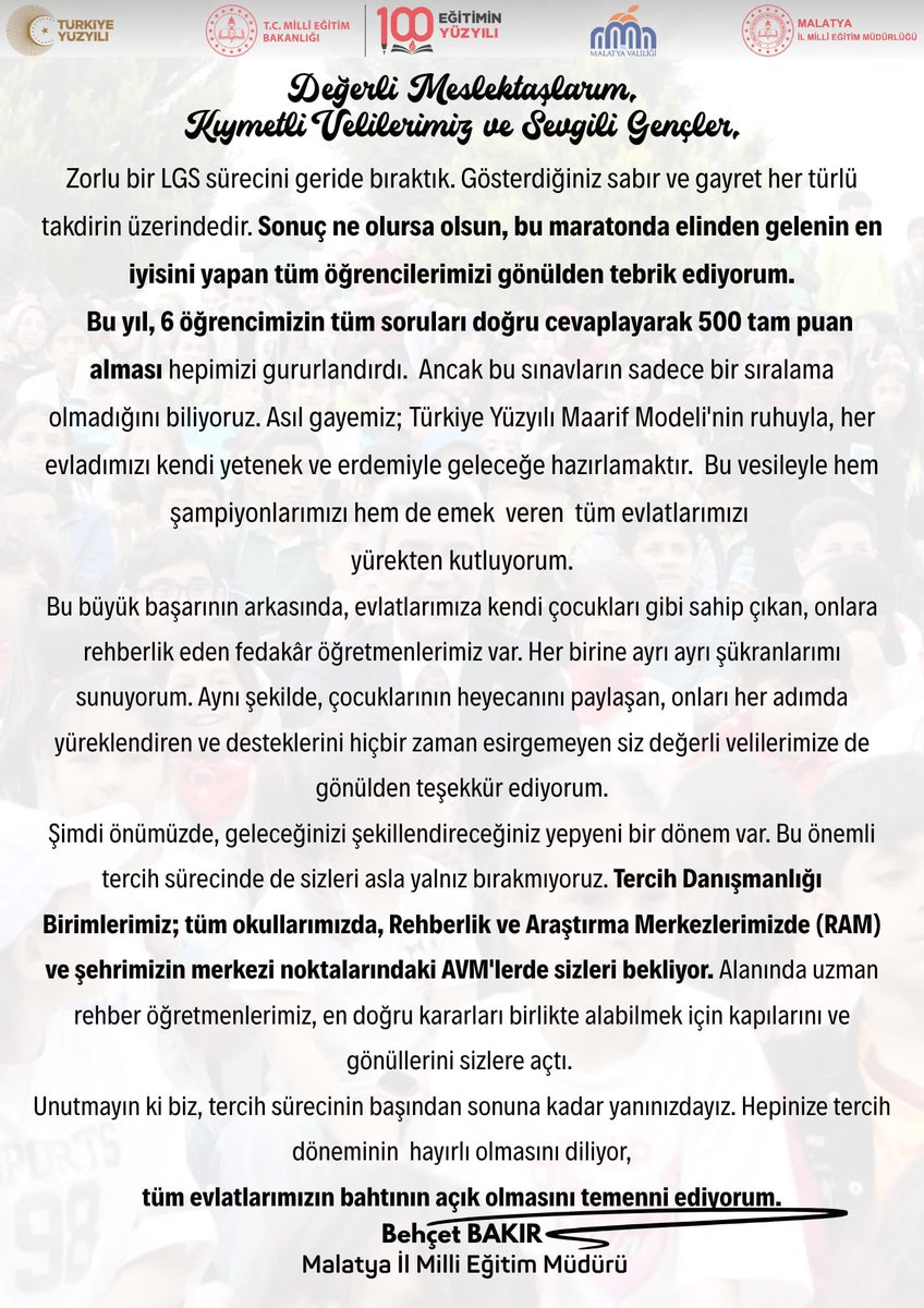 MalatyaMem's tweet photo. 500 tam puan alan 6 öğrencimizi ve emek veren tüm evlatlarımızı kutluyor; öğretmenlerimize ve velilerimize teşekkür ediyoruz. Şimdi tercih sürecinde de öğrencilerimizin yanındayız.

@tcmeb @Yusuf__Tekin @SeddarYavuz @TCMalatyaV @behcet_bakir 

#Malatya https://t.co/FpPM27UGmk