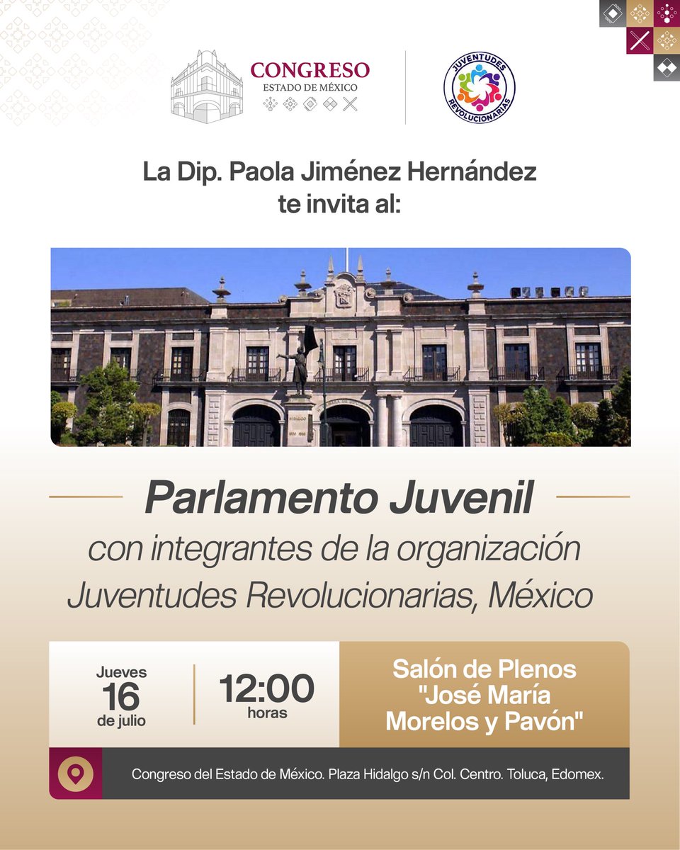 CongresoEdomex's tweet photo. 🗣️ Las ideas de las juventudes fortalecen la democracia.

La Dip. @paojimh (GP #morena) te invita a participar en el Parlamento Juvenil con integrantes de Juventudes Revolucionarias, un espacio para dialogar, proponer y construir soluciones.

📅 Jueves 16 de julio
🕛 12:00 horas

#CongresoEdomex #LXIILegislaturaEdomex #ParlamentoJuvenil