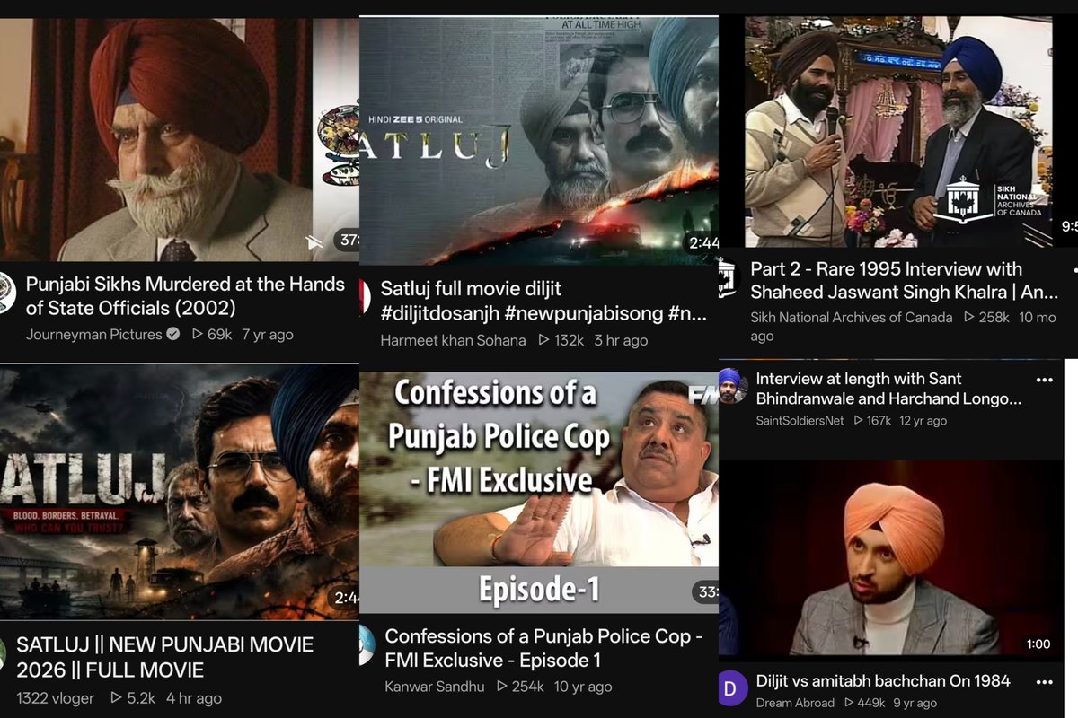 mujifren's tweet photo. I swear I didn't search Satluj or Diljeet Dosanjh or anything remotely related to Khalistani/Punjab insurgency neither in YouTube or Google, not even typed the word Punjab on any social media

Yet my YouTube Home feed is filled with "Satluj full movie", "Sant Bhindranwale interview", "Confession of a Punjab Cop"

In my home feed in one scroll I was offered to watch full Satluj movie 3 times

Ready to surrender my device for Forensic investigation if government wishes to seriously investigate this and check my claim