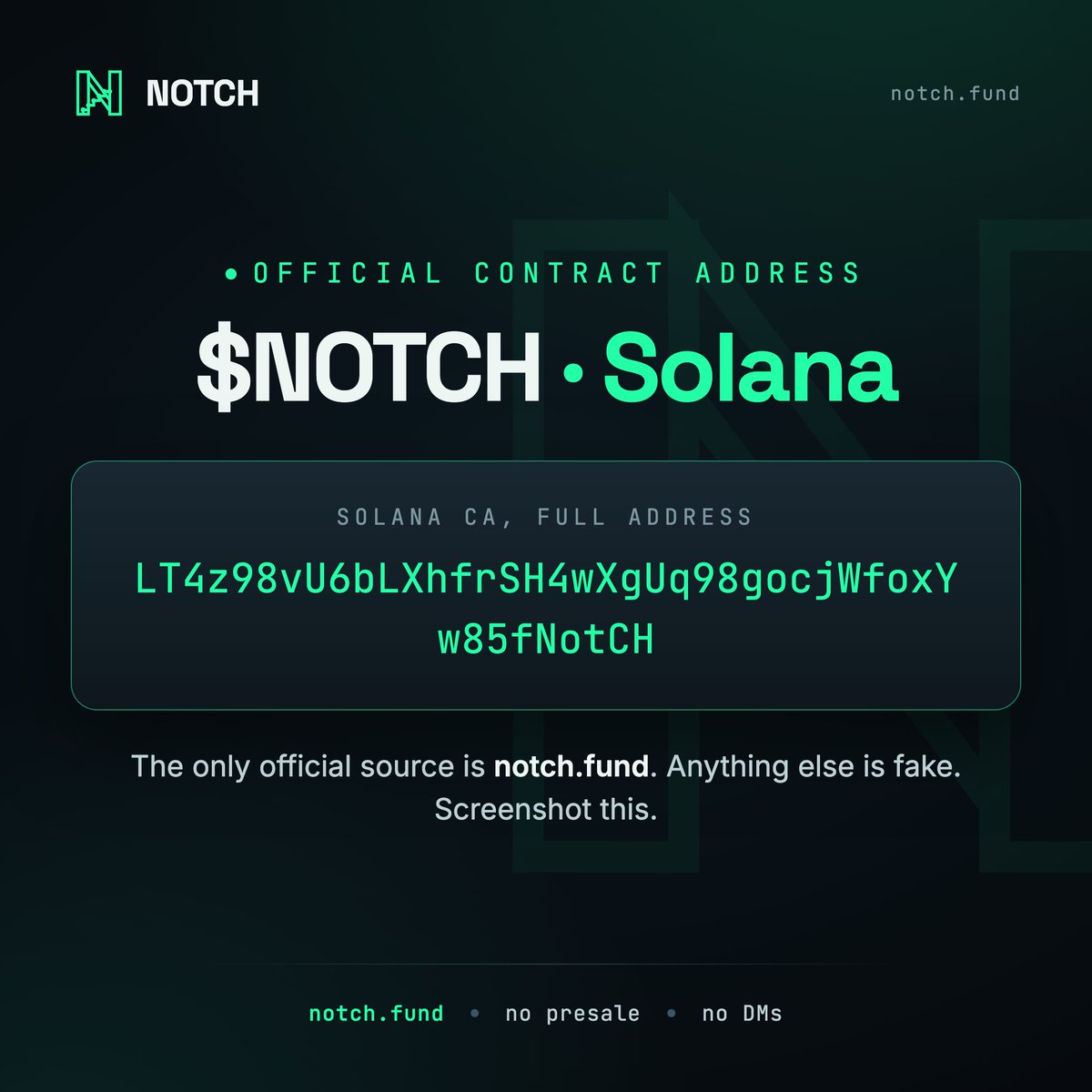 Sam3dsol's tweet photo. $NOTCH is live.

Solana CA: LT4z98vU6bLXhfrSH4wXgUq98gocjWfoxYw85fNotCH

start price 1 SOL. max loss capped at 25% on chain. floor only rises.

chart and trade: https://t.co/j9K1r5alrx

only official source: https://t.co/QwRacBPvO6. anything else is fake. https://t.co/ouh3hAvliy