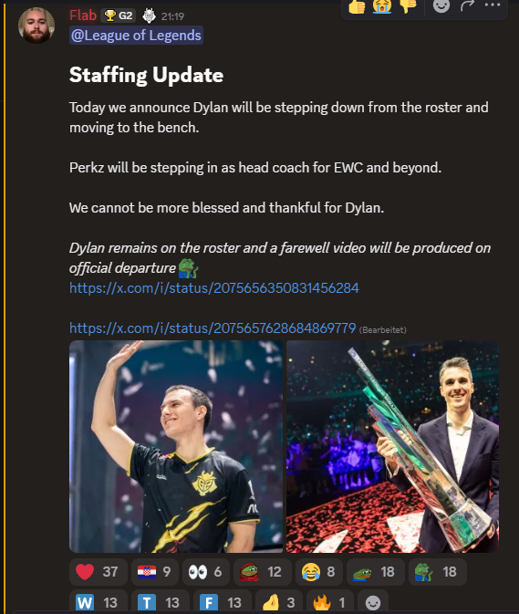 adeen222's tweet photo. @pcdv8r The annoucement on the G2 discord sais perkz will be head coach for EWC and beyond so idk https://t.co/t4LrdBDjZb