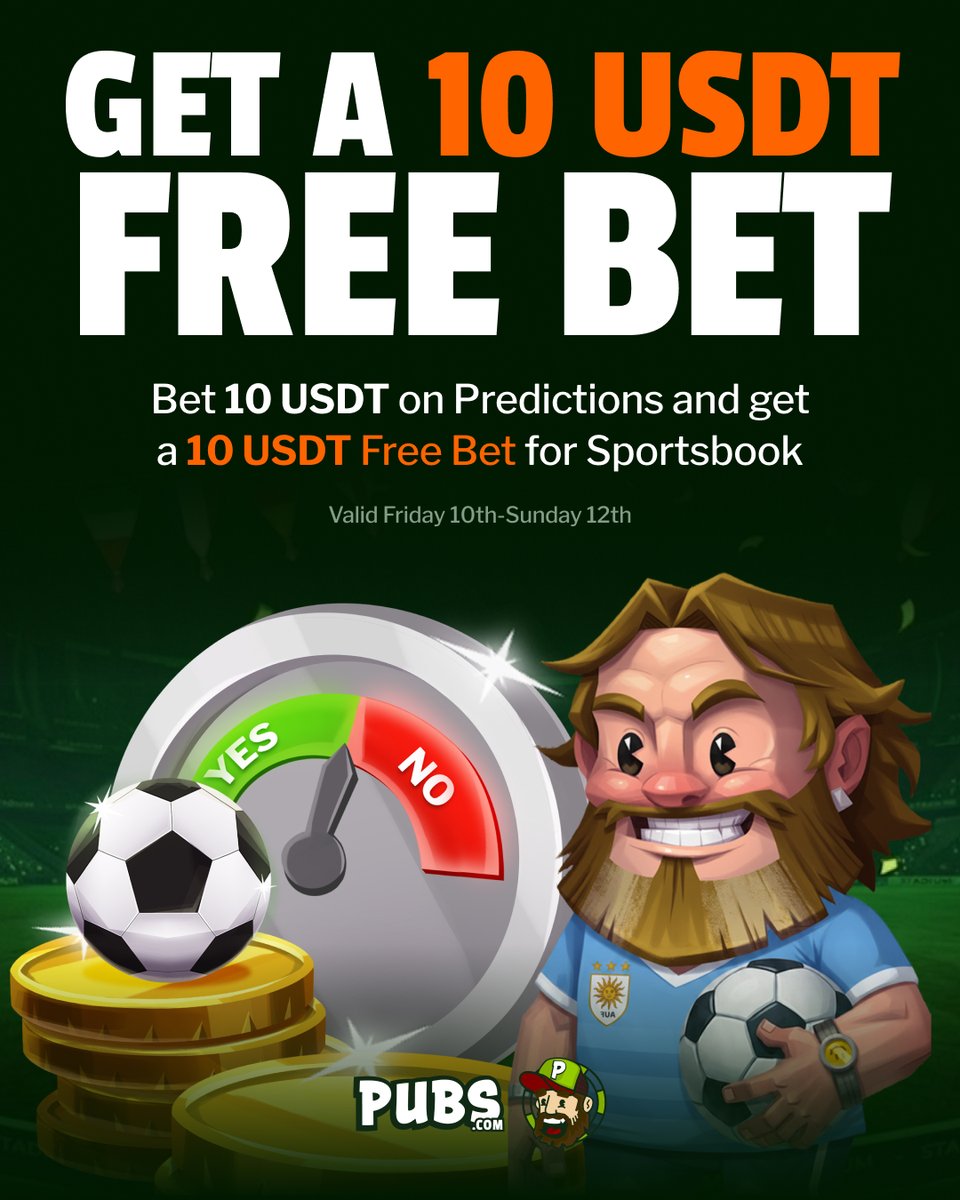 pubscasino's tweet photo. We've got a new offer for you this weekend 🤑

Bet $10 on ANY prediction market, and we'll give you $10 back on Sportsbook 🔥

How it works:
1. Select USDT: Set the main display currency and the Sportsbook currency to USDT 💰
2. Bet: Place a total of 10 USDT on any Prediction Markets between Friday 10th – Sunday 12th (UTC+1)  📈
3. Get Rewarded: On Monday 13th, we'll credit a 10 USDT Free Bet to your account 💰
4. Play: Use your Free Bet on any eligible Sportsbook market ⚽️🏀🎾