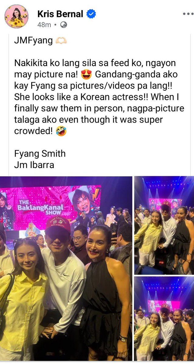 here4fyang's tweet photo. "Nakikita ko lang sila sa feed ko, ngayon may picture na! 😍Gandang-ganda ako kay Fyang sa pictures/videos pa lang!! She looks like a Korean actress!! When I finally saw them in person, nagpa-picture talaga ako even though it was super crowded!🤣
-Kris Bernal FB Post

#FyangSmith https://t.co/Cr1CBevUfu