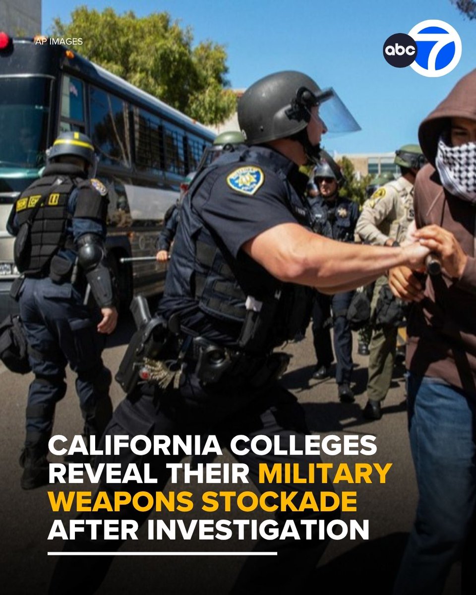 ABC7's tweet photo. Many public colleges in California own military-grade weaponry to keep campuses safe. State law requires transparency in these dealings, but not all schools comply. 

CalMatters found that some campuses lack required reports and public forums. >> https://t.co/Q45GzoGngN https://t.co/jmrvOFDTye