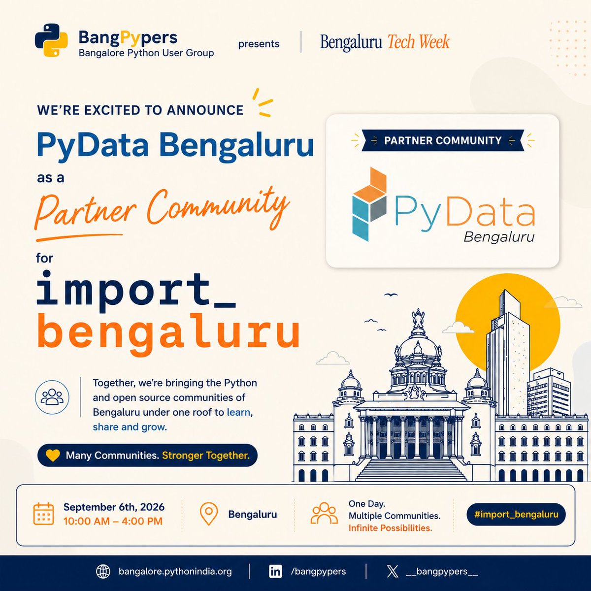 __bangpypers__'s tweet photo. Excited to welcome @pydatabangalore as a Community Partner for import_bengaluru!
📅 Sept 6, 2026 | Bengaluru
🎟️ RSVP: https://t.co/MkoB6XFB1P
#import_bengaluru #BangPypers #PyData #Python #OpenSource #BengaluruTechWeek https://t.co/GtPTGT6B9b