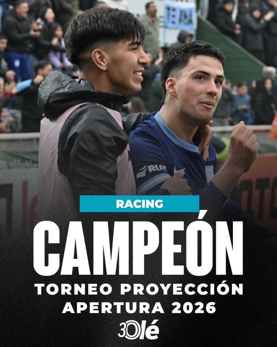 DiarioOle's tweet photo. RACING SE CONSAGRÓ CAMPEÓN DEL TORNEO DE RESERVA 🏆

🔵⚪️ Los pibes de la Academia vencieron 2-1 a River y festejaron el Torneo Proyección Apertura 2026

🟥 El Millonario jugó todo el ST con nueve jugadores por las expulsiones de Esquivel y Acosta

📸 ProyeccionLPF