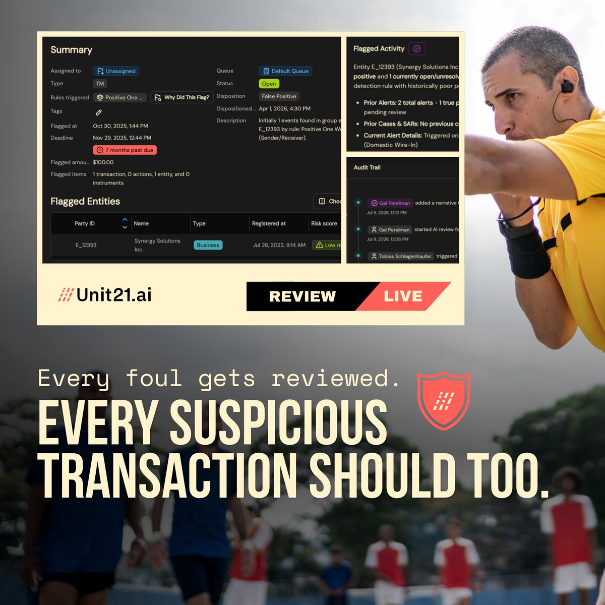 unit21inc's tweet photo. Every foul call gets reviewed. Every suspicious transaction should too.

Level up your risk &amp; compliance program - no VAR needed.

Get a Demo → https://t.co/9aUr5BFnSu https://t.co/UIjmnSIFFR