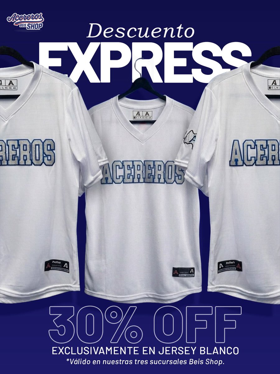 AcererosOficial's tweet photo. PROMOCIÓN EXPRESS 🛍️ 

Durante este fin de semana en nuestras tres sucursales de Acereros Beis Shop y tienda en línea tendremos 30% de descuento en el jersey blanco de la temporada 2026 🤩

Recuerda que esta promoción es únicamente por tiempo limitado, ¡aprovéchala y viste los colores oficiales de nuestra FURIAZUL! 💙🤍

https://t.co/i4z2On9a8A 💻