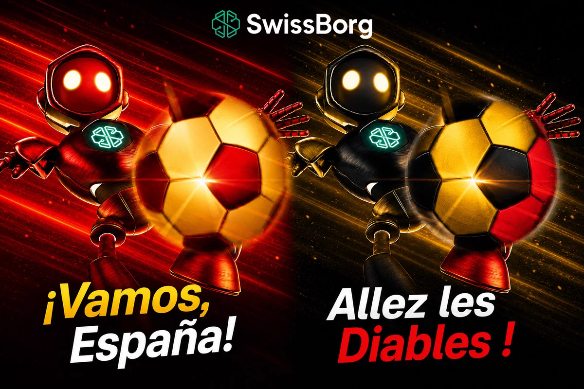 Two robotic characters, one in red with a yellow ball for Spain and one in black with a black-and-yellow ball for Belgium, face each other.