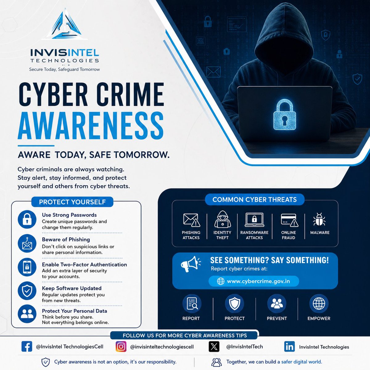 InvisIntelTech's tweet photo. π Cyber Crime Awareness
Cyber threats are realβbut awareness is your strongest defense.
β
Use strong passwords
β
Enable 2FA
β
Beware of phishing
β
Keep software updated
Secure Today. Safeguard Tomorrow.
#CyberSecurity #CyberAwareness #StaySafeOnline #InvisIntelTech https://t.co/TvsO7uo5RA