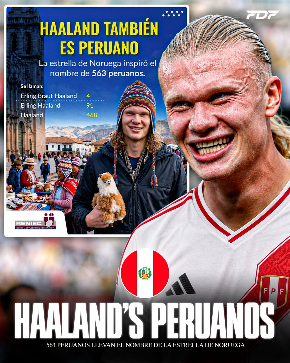 fanaticospe's tweet photo. 🇵🇪😅🇳🇴 ¡HAALAND TAMBIÉN ES PERUANO! Más de 560 peruanos se inspiraron en el delantero noruego y fueron inscritos con los nombres Erling Haaland, según datos del RENIEC. https://t.co/uKe3UJbCf6