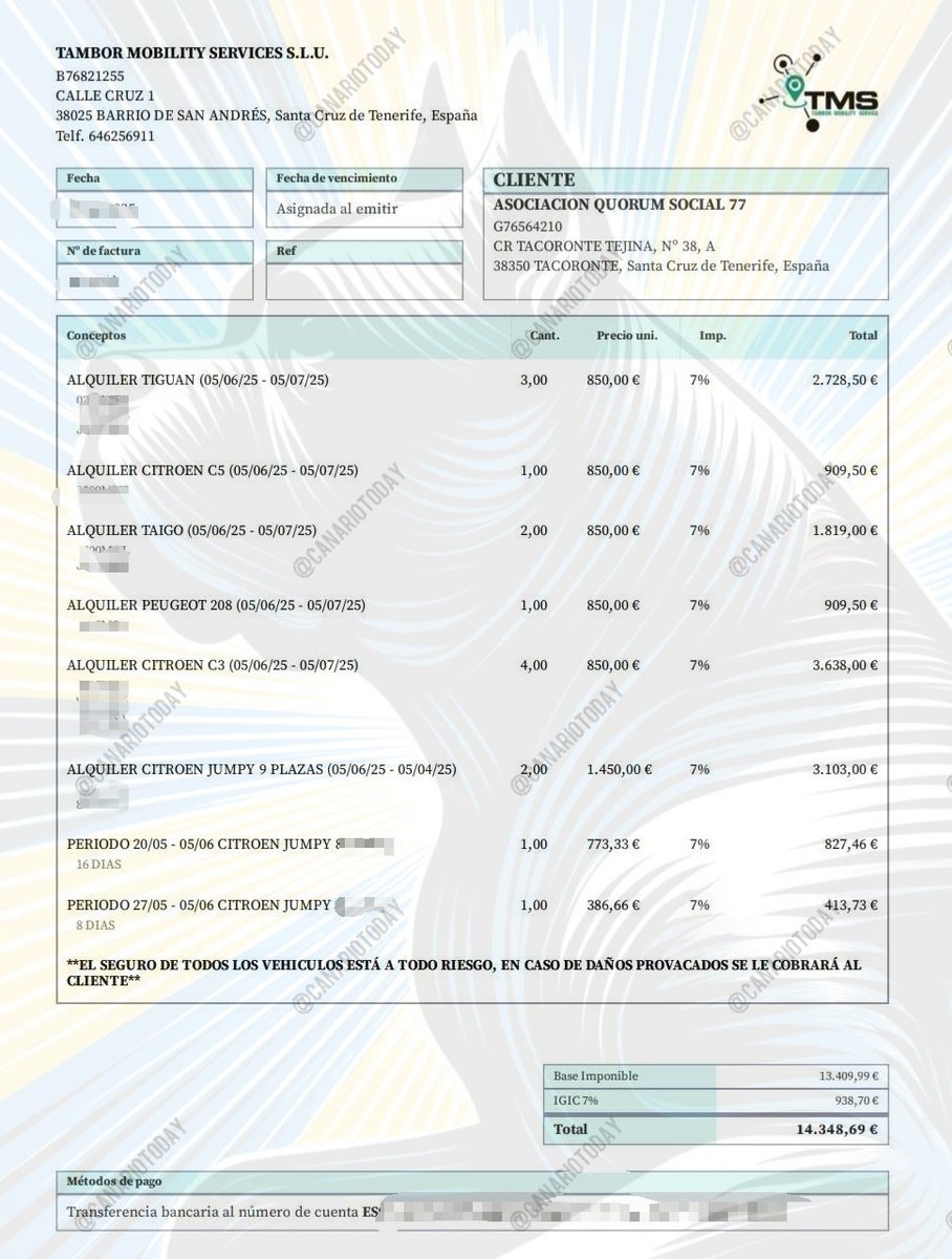 CanarioToday's tweet photo. 💥 Factura de la ONG Quorum Social 77 de más de 14.000 € de dinero público solo en coches de alquiler para transportar a los MENAs de uno de sus centros.

Tus impuestos... https://t.co/7GcEBp3R6V