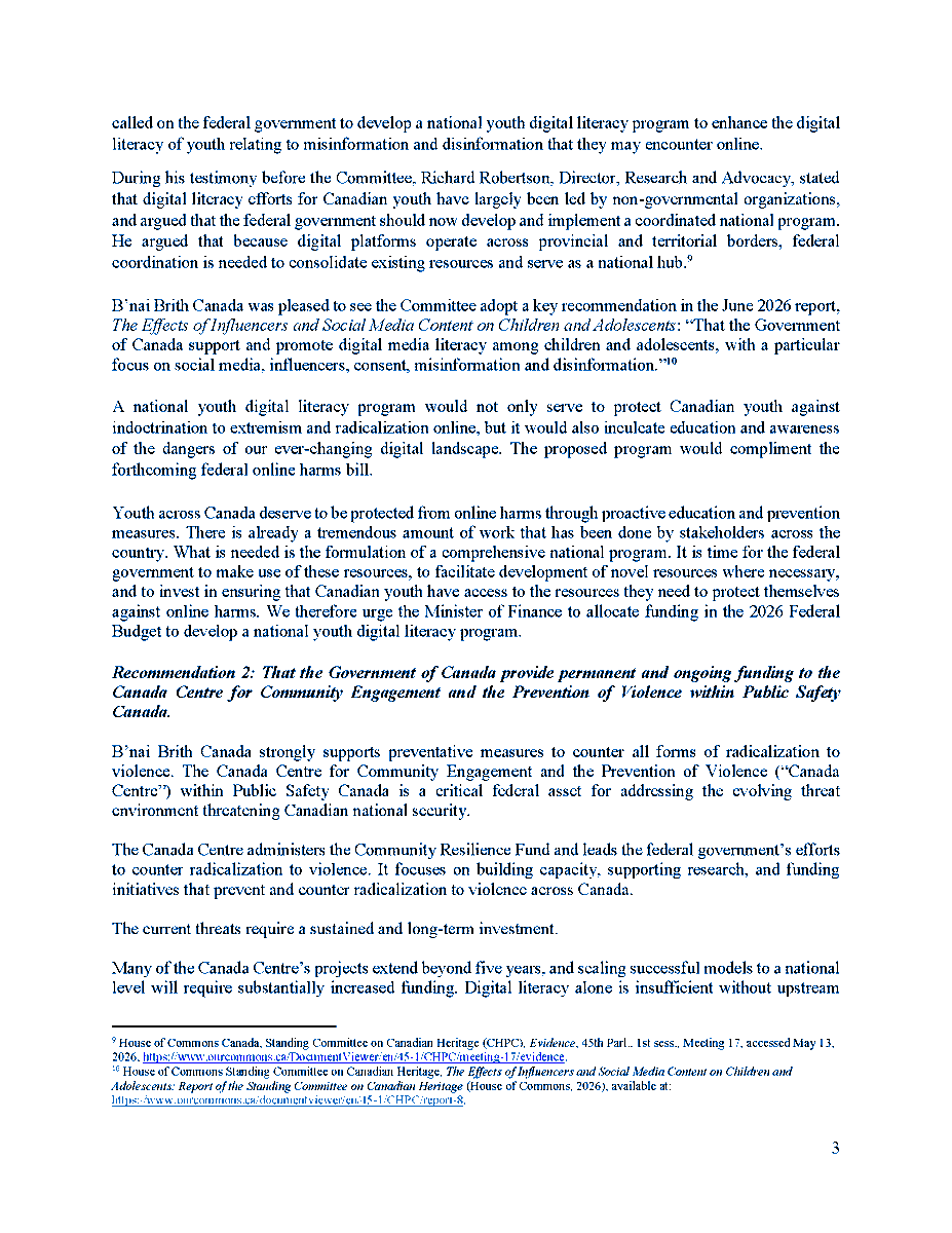 Mark_Goldberg's tweet photo. Submission by @bnaibrithcanada for @FP_Champagne Budget 2026 Consultation, citing a national crisis of antisemitism.

4 key recommendations, including STOP FUNDING ANTISEMITES. (You would have thought we would have learned by now, but we just can't seem to help it.)

(1/2) https://t.co/NXWUcupF56
