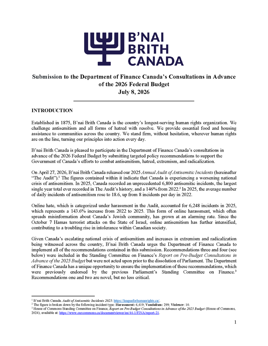Mark_Goldberg's tweet photo. Submission by @bnaibrithcanada for @FP_Champagne Budget 2026 Consultation, citing a national crisis of antisemitism.

4 key recommendations, including STOP FUNDING ANTISEMITES. (You would have thought we would have learned by now, but we just can't seem to help it.)

(1/2) https://t.co/NXWUcupF56