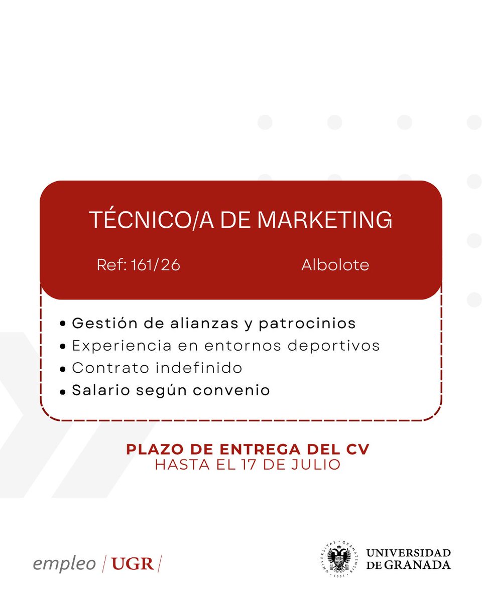 EmpleoUgr's tweet photo. 👀 Presenta tu candidatura para estas ofertas de empleo

🔹 Técnico/a de calidad (Ref: 164/26)
🔹 Técnico/a de marketing (Ref: 161/26)
🔹 Jefe/a de producción júnior (Ref: 177/26)
🔹 Dietista-nutricionista (Ref: 176/26) https://t.co/D1ab8BT02d
