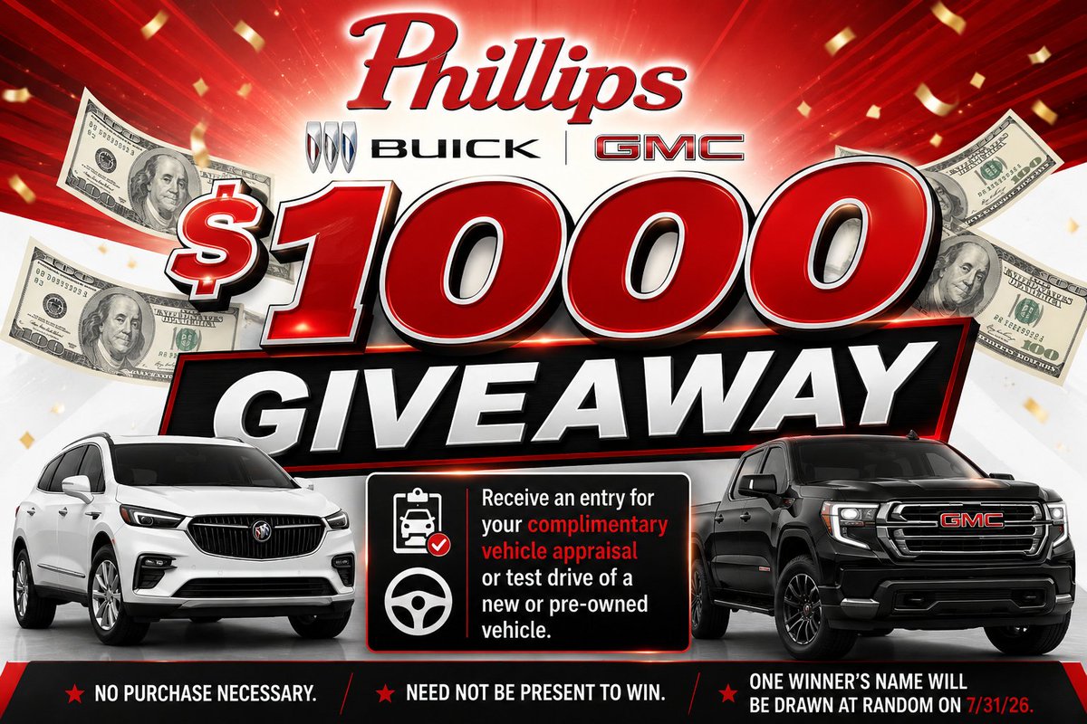 PhillipsBuickGM's tweet photo. Your next test drive could be worth $1,000!
Now through July 31, visit Phillips Buick GMC for a complimentary vehicle appraisal or test drive any new or pre-owned vehicle and you'll receive an entry to win $1,000! π°
#PhillipsBuickGMC #Win1000 #TestDrive #VehicleAppraisal https://t.co/BHgcSXisc5