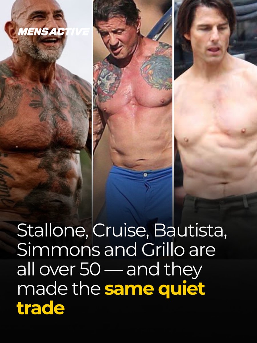 MensActiveMag's tweet photo. Five actors over 50 are circulating again this week for the same reason: physiques that do not match their age on paper. Stallone is 79. Cruise turned 64 this month. Bautista is 57. Simmons is 71. Grillo is 61. The… #fitness #strengthtraining #trainingover50 #recoveryfirst https://t.co/Hn7gnJZ1qY
