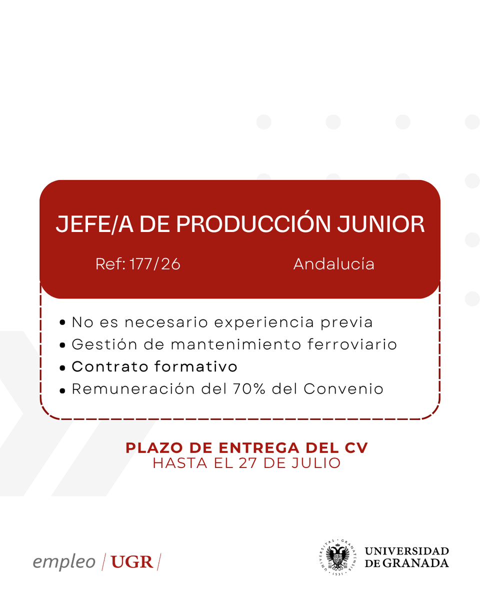 EmpleoUgr's tweet photo. 👀 Presenta tu candidatura para estas ofertas de empleo

🔹 Técnico/a de calidad (Ref: 164/26)
🔹 Técnico/a de marketing (Ref: 161/26)
🔹 Jefe/a de producción júnior (Ref: 177/26)
🔹 Dietista-nutricionista (Ref: 176/26) https://t.co/D1ab8BT02d