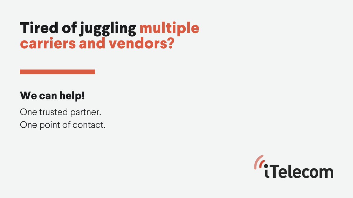 _iTelecom's tweet photo. Tired of managing multiple vendors, contracts and support teams?

With iTelecom, you get one point of contact and solutions tailored to your business. https://t.co/MJ5evORfo2