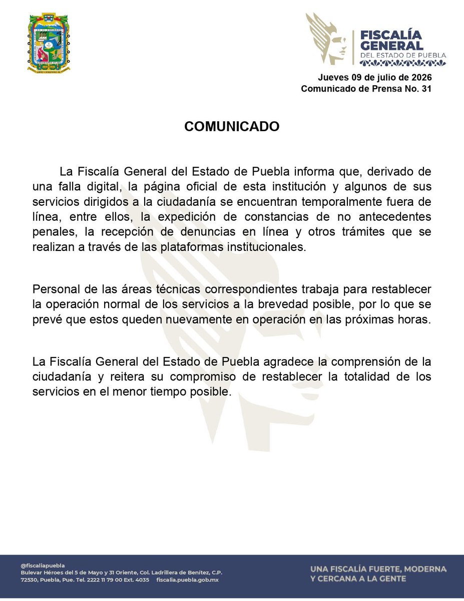PoderNoticiaPue's tweet photo. #Atención||💻La @FiscaliaPuebla informó que su página oficial y algunos servicios en línea están fuera de operación ⚠️📴 debido a una falla digital.
#PoderNoticia #DondeTuVozSeEscucha https://t.co/pFbUwg5jOL