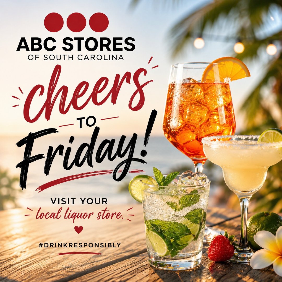 abcstoresofsc's tweet photo. Cheers to Friday from all of us at ABC Stores of SC! 🎉 Start your weekend off right by supporting your local liquor stores. Remember to drink responsibly and celebrate safely! 🥂 #cheerstoFridays #drinkresponsibly #supportsmallbusinesses https://t.co/5Xgt2GL7XM