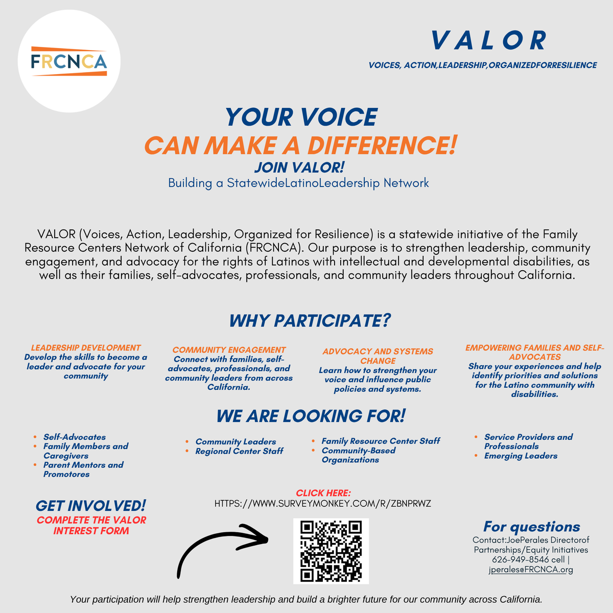 DownSyndromeLA's tweet photo. 🌟 About VALOR
VALOR empowers Latino families, self-advocates, and community leaders through leadership, collaboration, and community engagement across California.
Questions?
📧 Joe Perales
📞 (626) 949-8546
✉️ jperales@frcnca.org https://t.co/yPhBlwMOml
