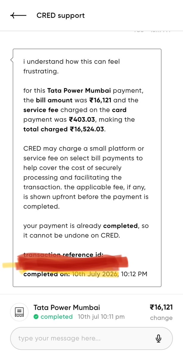 itsroushan's tweet photo. Those of you who use @CRED_club to pay bills, please be very careful, as they are a big big #fraud. For an electricity bill of 16121, they debited 16524 from my card. Didnt even notice when this fee was added.

Pay directly to the biller without any service fee. #CREDFRAUD https://t.co/Gx6xxG7nAv