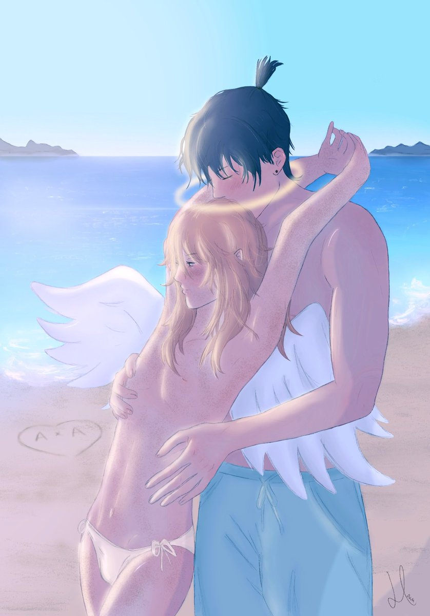 harukanosoraart's tweet photo. lovebirds at the beach. their hair gets a little wavy from the salty water 🪼⋆｡𖦹°🫧⋆.ೃ࿔*:･

#akiangel #csmfanart https://t.co/cctsZhTTYG