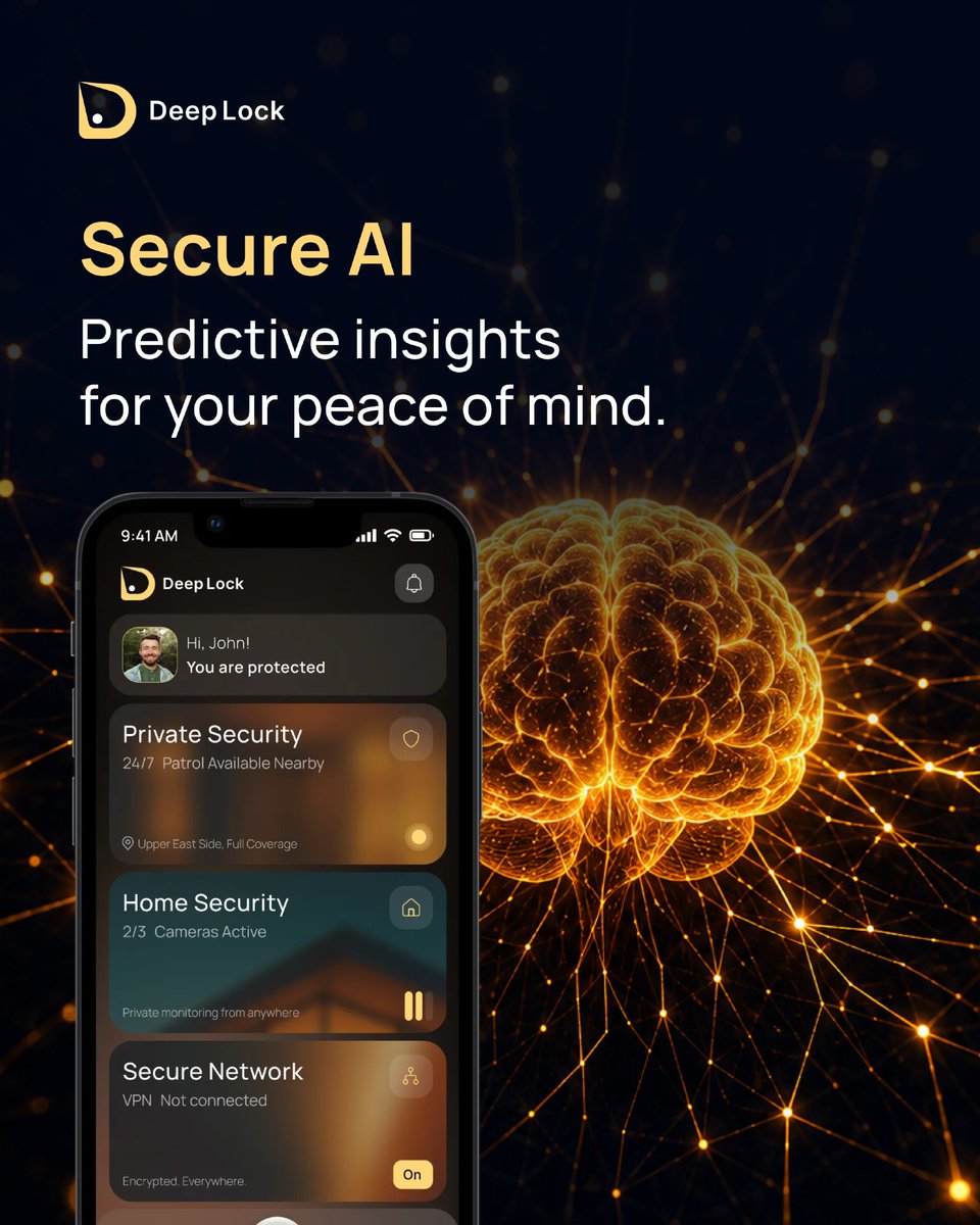 DeepLockApp's tweet photo. Our AI Knows Before You Do
Most safety apps react to danger.
DeepLock predicts it.
Our AI engine learns your routines. Your neighbourhood. Your patterns.
And it warns you — before something happens.
"High crime spike reported 2 blocks ahead."
"Your email appeared in a new data breach."
"Unusual activity detected near your home camera."
No noise. No paranoia. Only actionable alerts — when it actually matters.
Because the best emergency is the one that never becomes one.
AI-powered. Always learning. Always on.