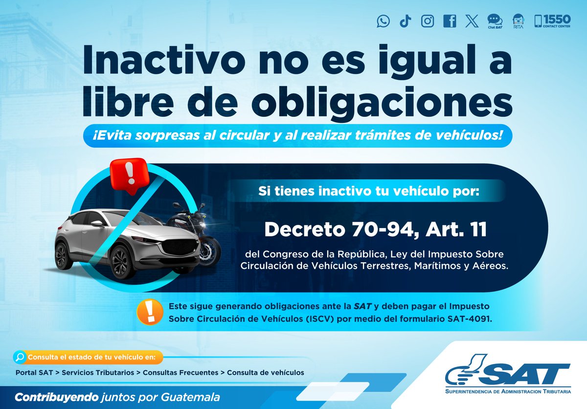 SATGT's tweet photo. Inactivo 🚫 no es igual a libre de obligaciones
🚗🏍️ Si tu vehículo está inactivo por no pagar el #ISCV durante 3 años consecutivos, la responsabilidad de estar al día sigue vigente.
Consulta el estado de tu vehículo, ingresando a 👉🏽 https://t.co/GTQL3I1MG0
☑️ Evita clavos para circular y realizar trámites de vehículos con tranquilidad