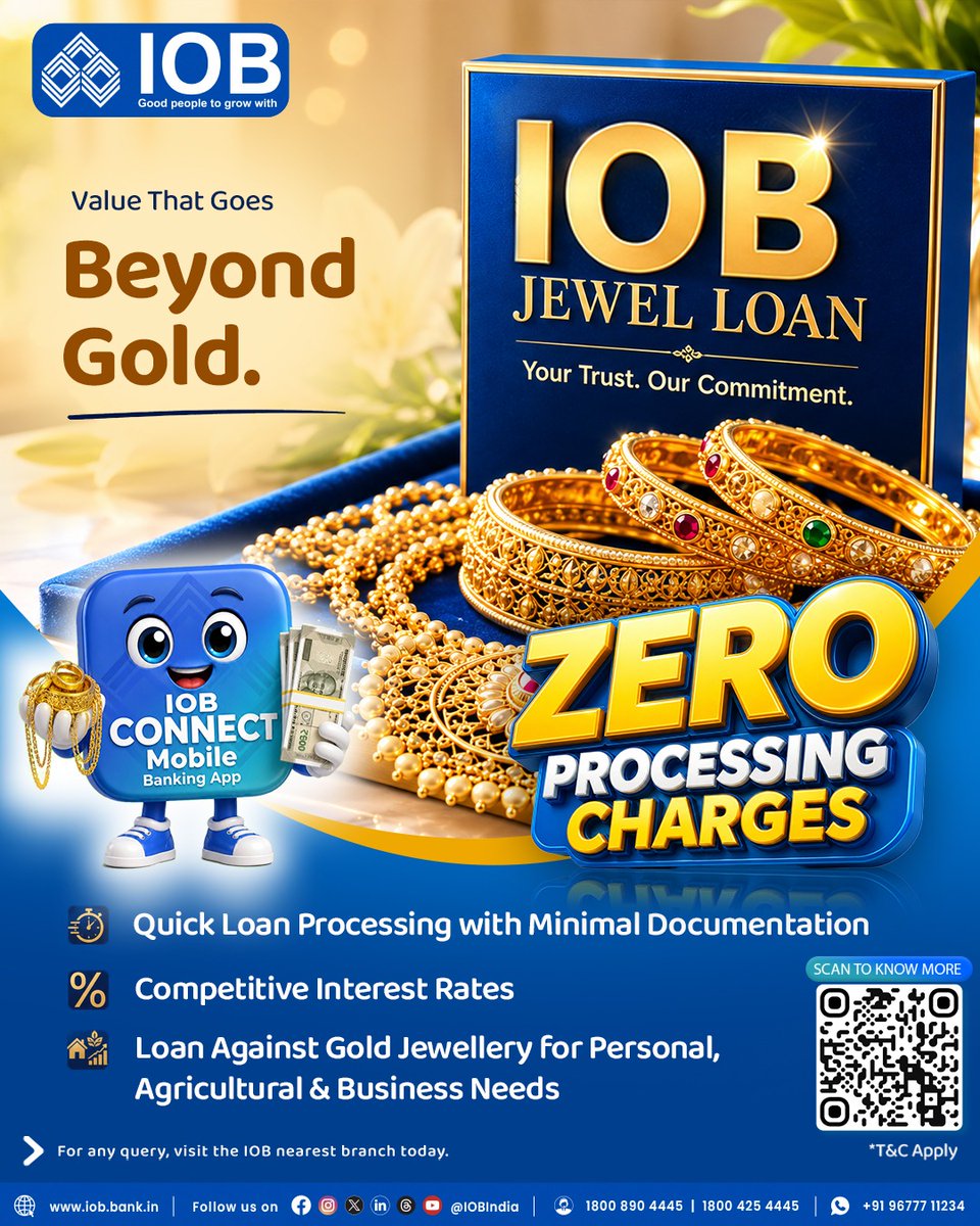 IOBIndia's tweet photo. Visit: https://t.co/liJrZBTlol ​

Need funds? Don't sell your gold — leverage it. ​
 Get an IOB Jewel Loan with ZERO processing charges* and attractive interest rates. Your gold stays safe with us.​
  *T&C apply​

#IOBJewelLoan #GoldLoan #ZeroProcessingCharges #IOB #IndianOverseasBank #GoodPeopleToGrowWith #IOBForYou