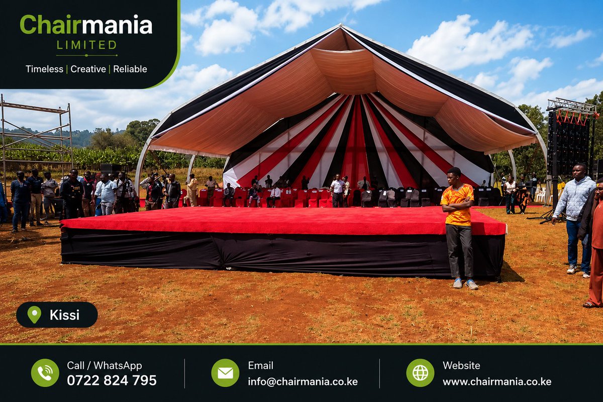 ChairmaniaK's tweet photo. Nyota Phase 2 Launch in Kissi.
Contact us today for professional end-to-end event management, flawless execution, premium seating solutions, and complete setup resources.
๐ 0722824795
๐ง info@chairmania.co.ke
#NyotaPhase2 #ChairmaniaLimited #Nairobi #StateFunctions #MSEA https://t.co/jTYJ8T6H2T