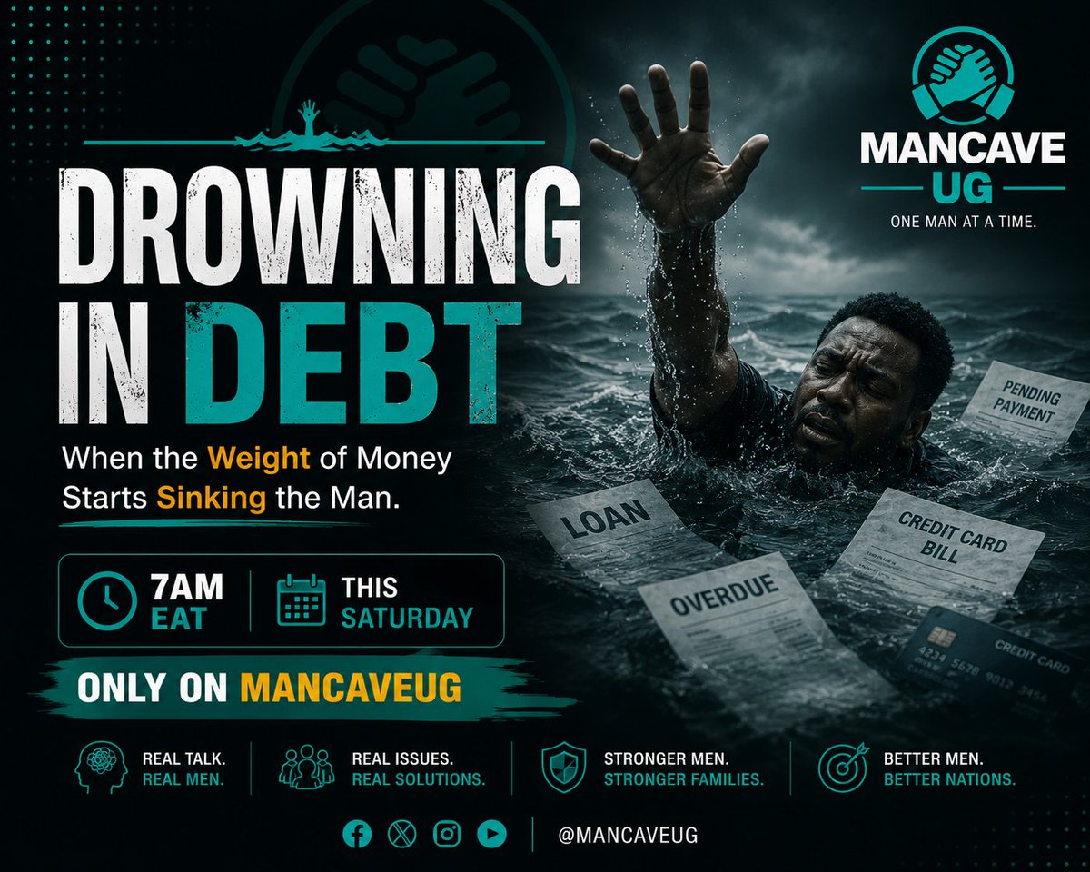 ManCaveUg's tweet photo. At least one person reading this still has a Wewole debt you're pretending doesn't exist. 👀

Debt doesn't just empty wallets.

It empties peace, sleep and confidence.

Men, let's talk.

Tomorrow, 7:00 AM EAT.

DROWNING IN DEBT
When the Weight of Money Starts Sinking the Man.

Join us live on @MancaveUg.

#ManCaveUG #DrowningInDebt
