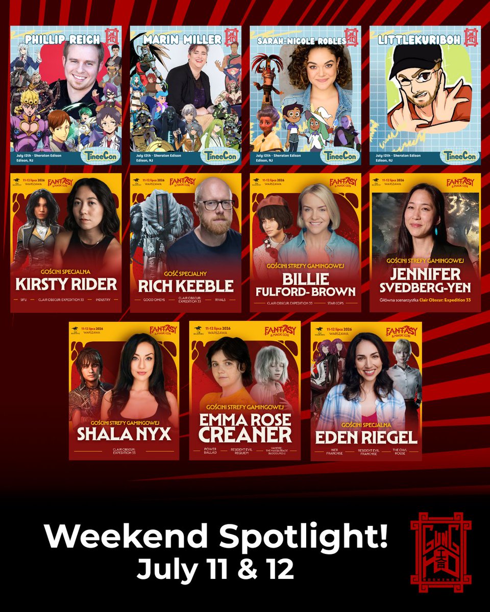 GungHoBookings's tweet photo. Another great weekend ahead!

@PhillMReich, @snarklator, Marin Miller and @yugiohtas are headed to New Jersey for Tineecon! 

Then over in Poland the Expedition 33 crew of Kirsty Rider, @RichKeeble, @billiefb_VO, Shala Nyx and @JennSvedbergYen set out with stars of Resident Evil: Requiem @emmarosecreaner and @edenriegel! 

Will we be seeing you at either of these events?