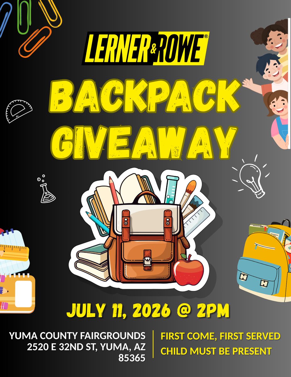 LernerandRowe's tweet photo. Our Yuma Backpack Giveaway is TOMORROW at 2 PM at the Yuma County Fairgrounds!
Join us at this in-person event where we are excited to distribute 1,000 FREE backpacks filled with school supplies! For all the details, please go to https://t.co/lODyehVtrB https://t.co/0vDIc3hsay