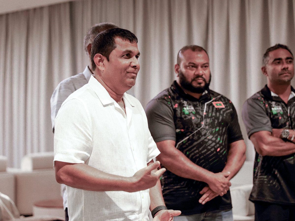 MoYSF_mv's tweet photo. State Minister Ibrahim Amir welcomed the Maldives National Bodybuilding Team upon their return from the 16th South Asian Bodybuilding and Physique Sports Championship 2026, held in Thimphu, Kingdom of Bhutan, from 30 June to 5 July 2026.

The Maldivian team delivered an outstanding performance on the regional stage, bringing home three medals:
🥇 Azneen Rashad – Gold Medal and South Asian Champion in the Men's Athletic Physique (Up to 167 cm + 4 kg) category.
🥈 Ahmed Naeem – Silver Medal in the Men's Sports Physique (Up to 170 cm - 2 kg) category.
🥈 Ali Mabrook Latheef – Silver Medal in the Men's Sports Physique (Up to 175 cm) category.