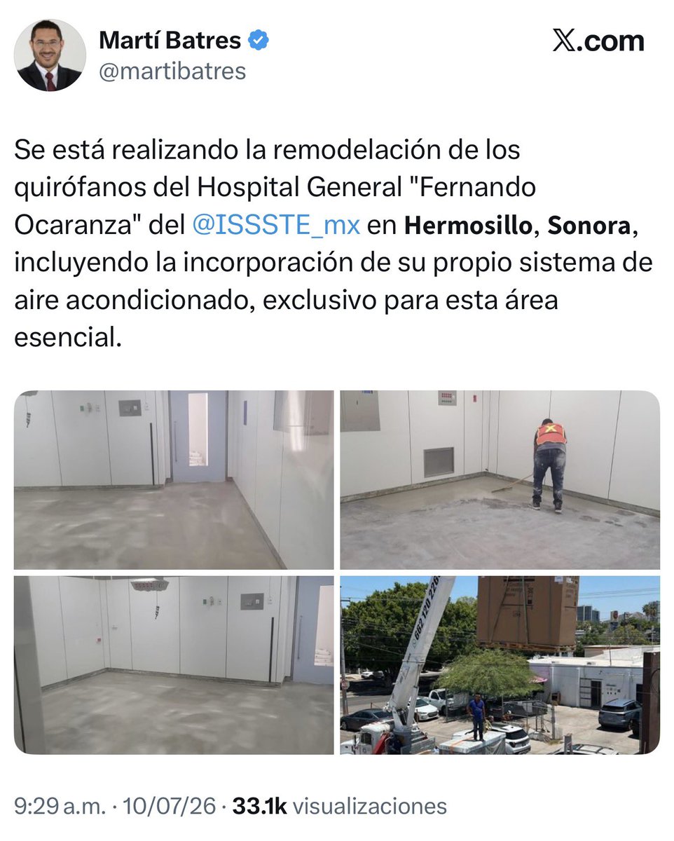 JJDiazMachuca's tweet photo. 🚨 ¡La “transformación” del ISSSTE que presume el comunista Martí Batres! 

Presumen hospitales del @ISSSTE_mx de primer nivel, pero dejan instalado un mini split en un quirófano, donde se requieren sistemas especiales de ventilación con presión positiva, aire filtrado y control de temperatura y humedad para mantener la esterilidad. 

Un equipo convencional no está diseñado para eso y puede comprometer las condiciones sanitarias del quirófano. 

¿Eso es modernización o pura improvisación con la salud de los pacientes?